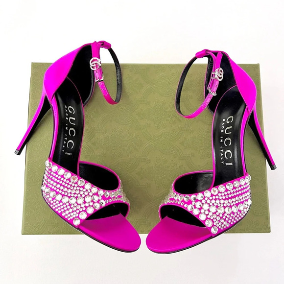 NEW GUCCI Crystal GG Embellished Hot Pink Fuchsia Satin Heel Sandal Ankle Strap - Picture 1 of 16